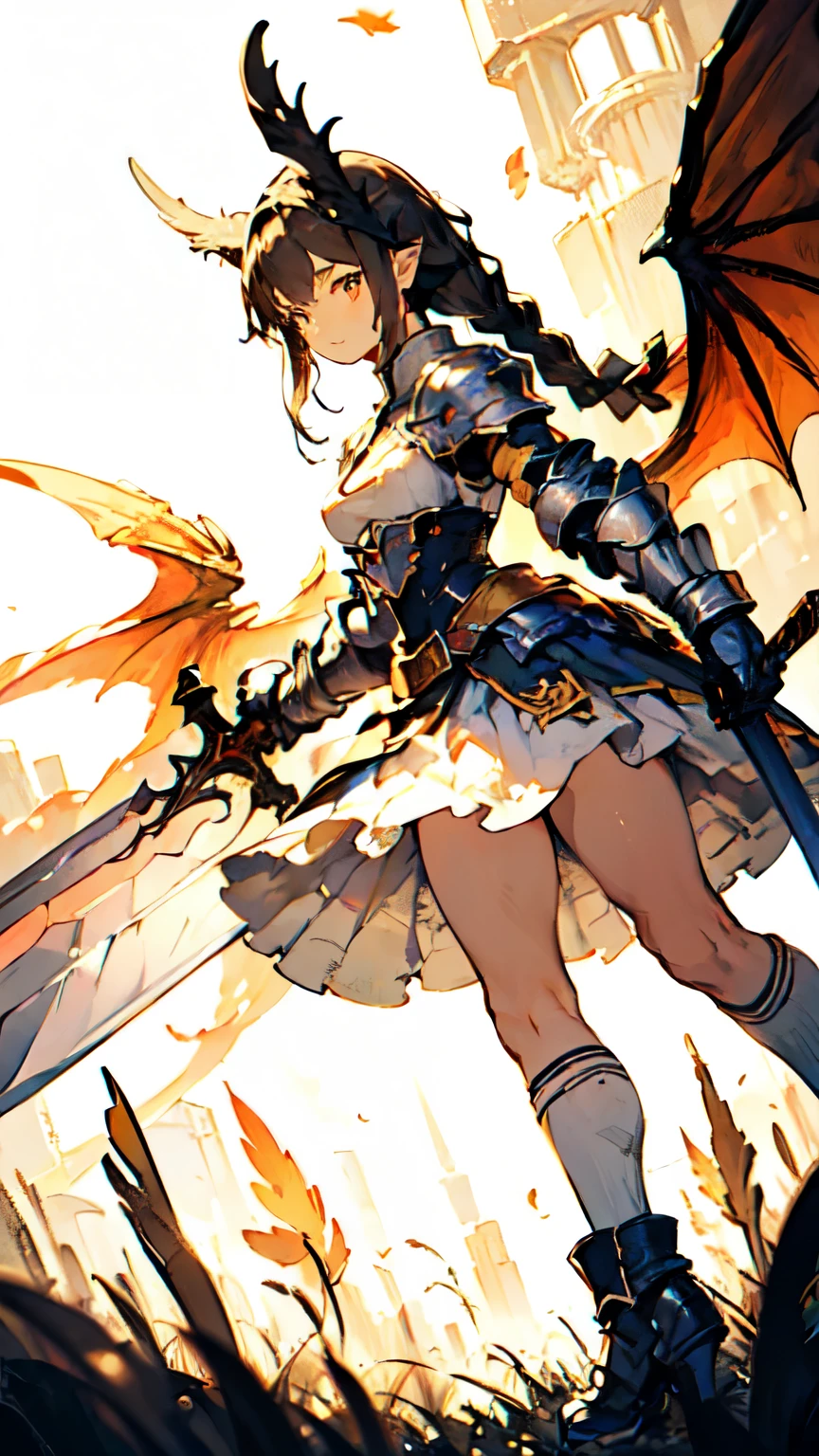 1females\(cute,kawaii,small kid,breast,hair color cosmic,braid hair,messy hair,eye color cosmic,big eyes,magical girl costume,smirk,colorful,dynamic pose,wings on back,breast,kawaii dragon knight,2dragon wings from waist,dynamic pose,(fighting stance),(holding large sword:1.3),(muscular:1.1),mad face/),background/(in the sky,shiny,palace,war fire\), BREAK ,quality\(8k,wallpaper of extremely detailed CG unit, ​masterpiece,hight resolution,top-quality,top-quality real texture skin,hyper realisitic,increase the resolution,RAW photos,best qualtiy,highly detailed,the wallpaper,cinematic lighting,ray trace,golden ratio\),(dynamic angle:1.4),[nsfw:2.0],(long shot:1.5),(wide shot),(landscape:0.5),dynamic angle,close up sword