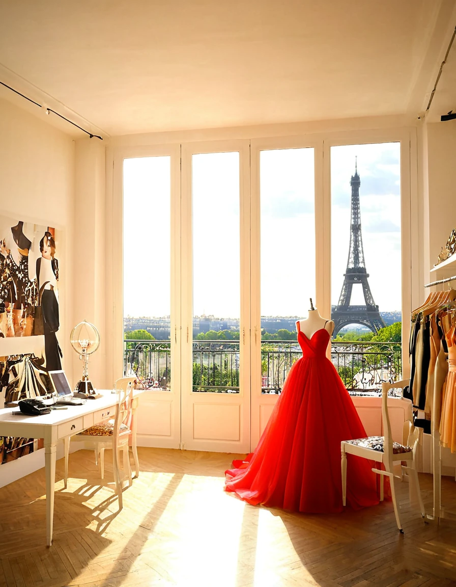 modern interior of the fashion design studio that creates a very elegant dresses world wide level. Their dresses are the worldwide level of quality. The high-quality materials are in this studio. The interior of this fashion studio surrounded be the Eiffel Tower from the terrace. Only the best world fashion designers working for this fashion studio. 59:128
