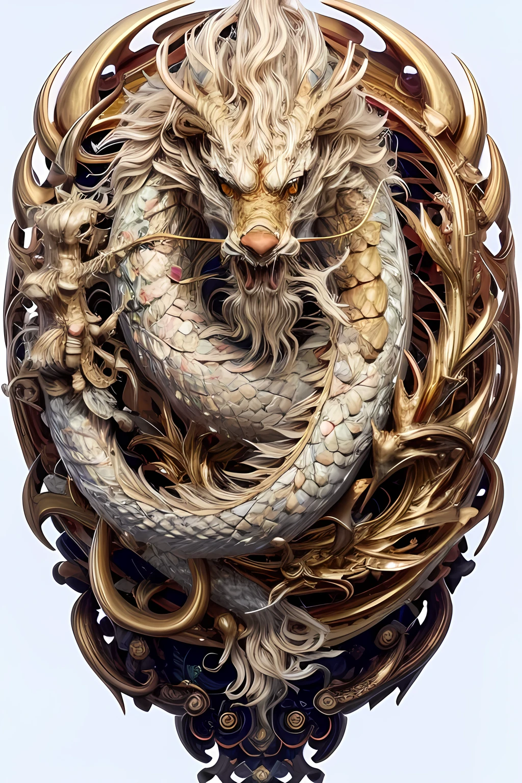 A logo、masterpiece、(On White Background:1)、Iridescent Chinese dragon surrounded by gold dust、Deities々Right、the wind、Deities、long body、tusk、Fantasia、myth、hightquality、ighly detailed、masterpiece、epic poem、Particle effect、Dynamic effects、The background is Mt. Fuji in winter in Japan、facing front、New Year's sunrise、
