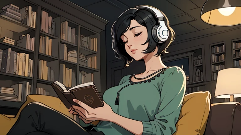 Beautiful woman in her 30s with short black hair is sitting with headphones on the sofa. Looking down, eyes closed, LOFI girl, alone in the room, blouse, cozy wallpaper, big cushion, bookshelf, relaxing mood, night core, cozy, wide glass window with skyscrapers, outside view at night, only five fingers, Holding a book in hand,