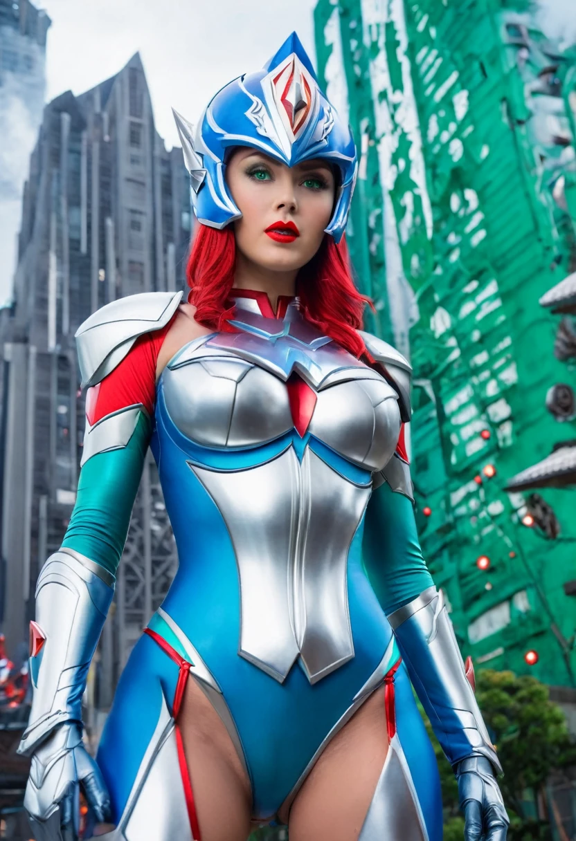 Full body image, standing, Princess Zelda giant, (red with silver costume:1.5), as Ultraman, immensely large breasts1, very tight body suit, heavy makeup on her face, light blue jewel on the breastplate, helmet on head, red lipstick on her mouth, (she green eyes:1.5, blue hair:1.5), Looking at the viewer from the front, she is in a futuristic city with several monsters attacking the buildings, Tokusatsu, Ultraman, anime style, cinematic lighting, 16k, UHD, masterpiece, best quality, high details