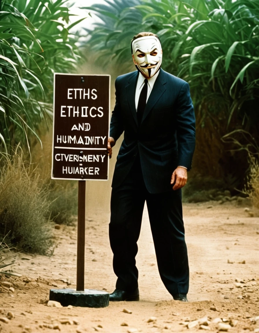 epic cinematic shot. CIA agent wearing a mask of curiosity, with a cruel expression, pushing a boundary marker labeled 'ethics and humanity'. 20th century,film