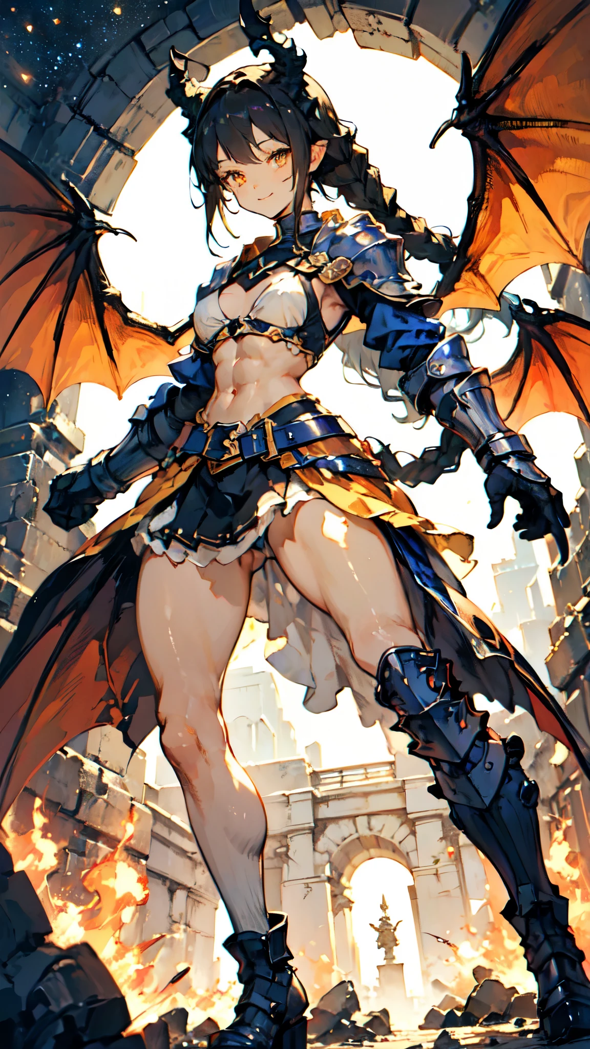 1females\(cute,kawaii,breast,hair color cosmic,braid hair,messy hair,eye color cosmic,big eyes,magical girl costume,smirk,colorful,dynamic pose,wings on back,breast,kawaii dragon knight,2dragon wings from waist,dynamic pose,(fighting stance:1.2),(holding large sword:1.3),(muscular:1.1),mad face,abs,leg muscles,arm muscles/),background/(in the sky,shiny,palace,war fire\), BREAK ,quality\(8k,wallpaper of extremely detailed CG unit, ​masterpiece,hight resolution,top-quality,top-quality real texture skin,hyper realisitic,increase the resolution,RAW photos,best qualtiy,highly detailed,the wallpaper,cinematic lighting,ray trace,golden ratio\),(dynamic angle:1.4),[nsfw:2.0],(long shot:1.5),(wide shot),(landscape:0.5),dynamic angle,close up sword
