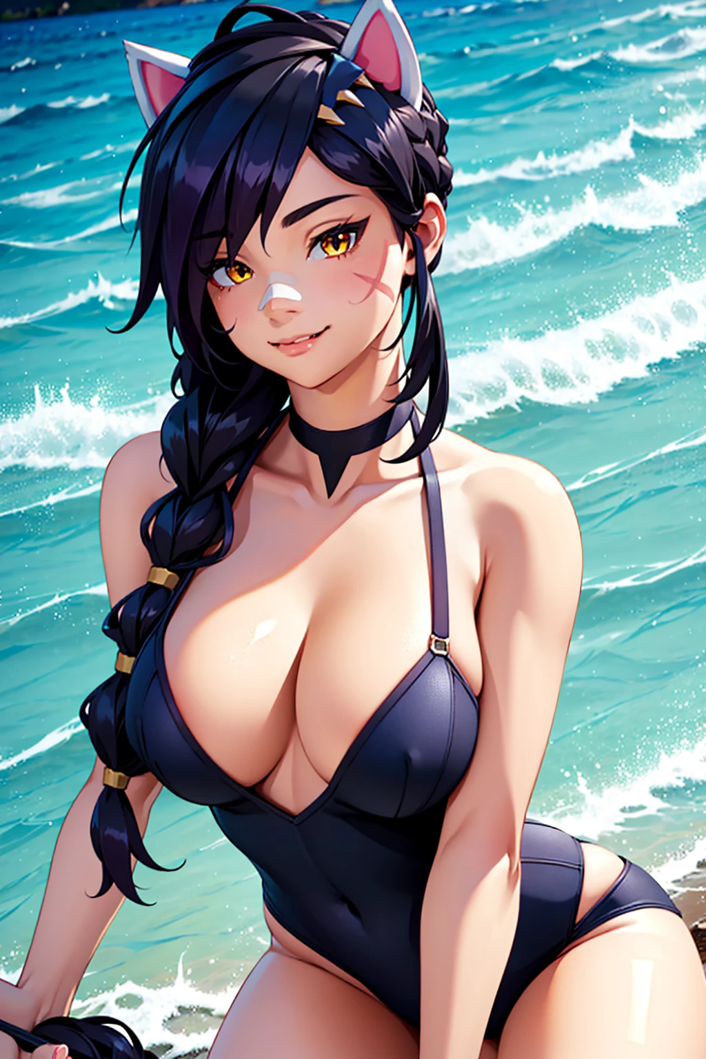 Erisa, 1girl, solo, long hair, looking at viewer, black hair, bandaid on face, yellow eyes, animal ears, smile, bandaid on nose, braid, cat ears, bandaid, bangs, breasts, fake animal ears, simple background, fang, bare shoulders, scar, bare shoulders, closed mouth, hair over one eye, portrait, hair over shoulder, legs, seductive, bathing suit, 2 piece swimsuit, beach, realistic, highly detailed face, detailed eyes, best quality, masterpiece, ultra detail, ultra high res, extreme detail, 8k, uhd, voluptuous