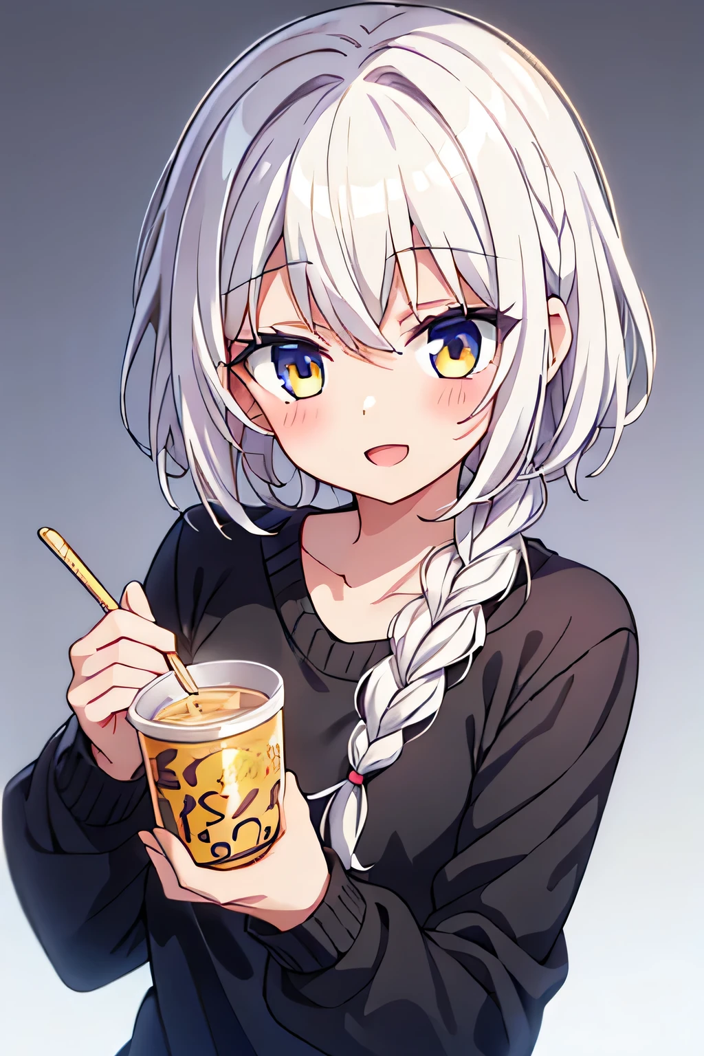 white hair, golden eyes, short hair, braided hair on the right side, messy hair, blushing, smile, open mouth, only wearing black sweater, wink
