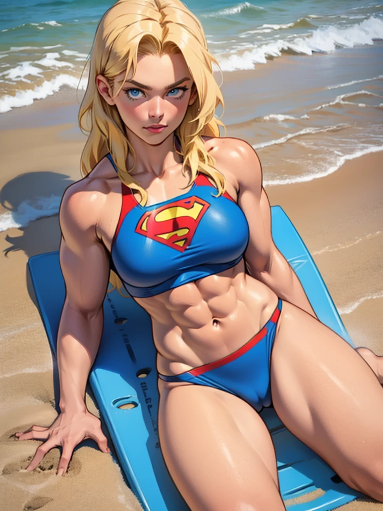 muscular, large breasts, toned body, 1 girl, blonde hair, pale skin, blue eyes, very long hair (at the beach) looking at viewer close up supergirl bathing suit, pinup poses