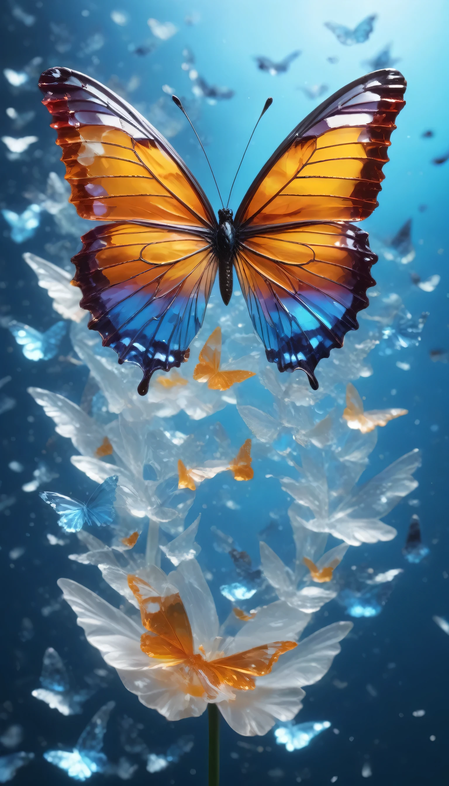 production_of_Item_Broken_Glass Solo,wing,Vague,no humans,Butterfly wing, Butterfly, focus,Fragments,Fragments, Bright colors, Luminescence, Waves,