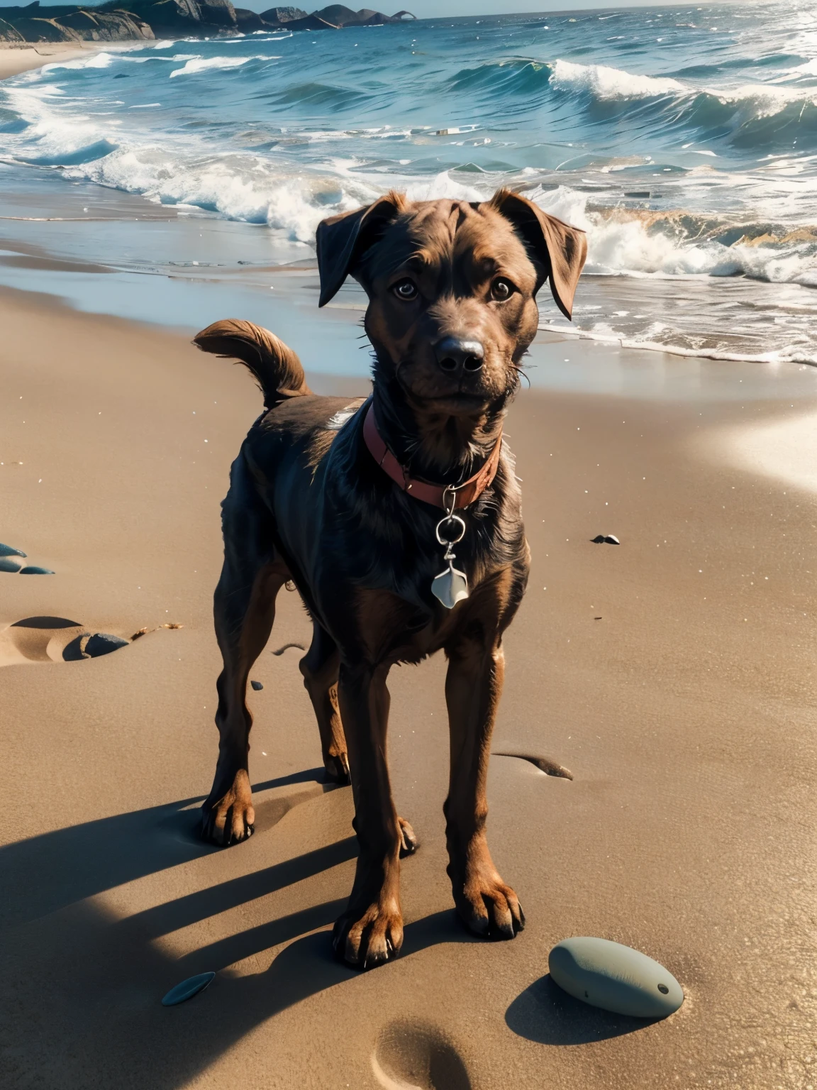 Golden-brown Patterdale terrier on a sandy beach, sandy beach with coloured sea-glass and pebbles, toned with white chest, black back, white chin, brown face and legs, full body, Illustration, drop ears, small bone-shaped dog tag, yellow tartan collar, cinematic light, high resolution, best quality, ultra-detailed, masterpiece