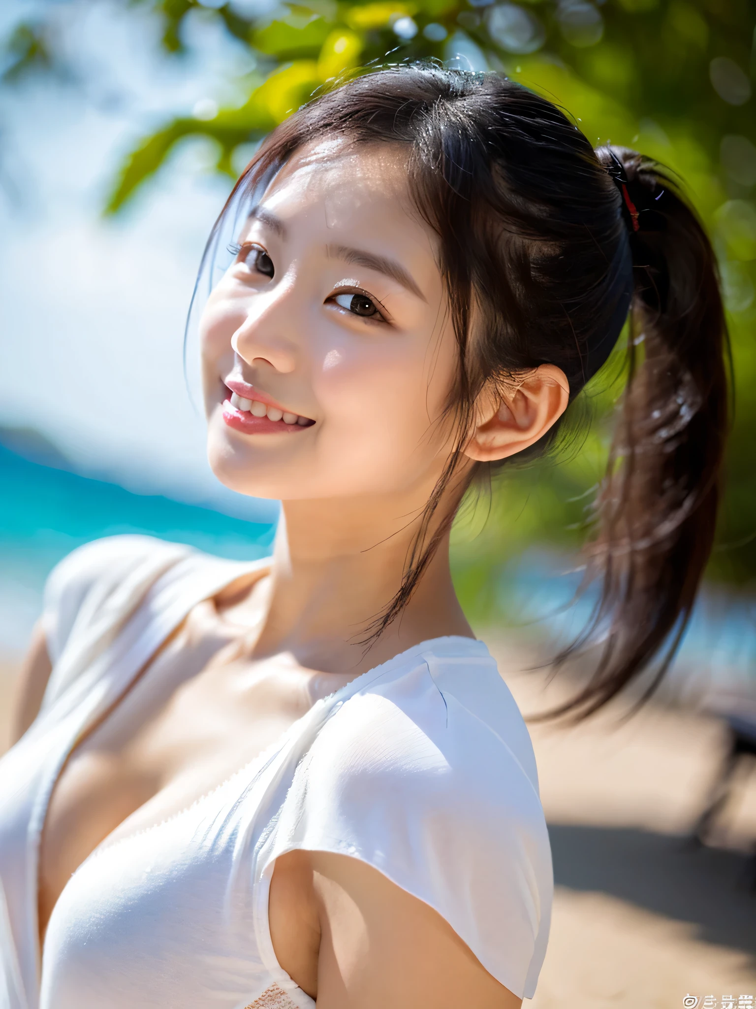 ((最high quality, 8k, masterpiece: 1.3)), (close:0.75), Realistic, Sharp focus, high quality, High resolution, Portraiture, Portraiture, Asian Beauty,Vietnamese woman with huge bust、18-year-old、Tan Skin、Idol face、Slim figure、Her are extremely large (Wearing Ao Dai), ((Very strong sunlight)),Her underwear is visible、 smile, Black hair ponytail, Photographed on the beach in midsummer、