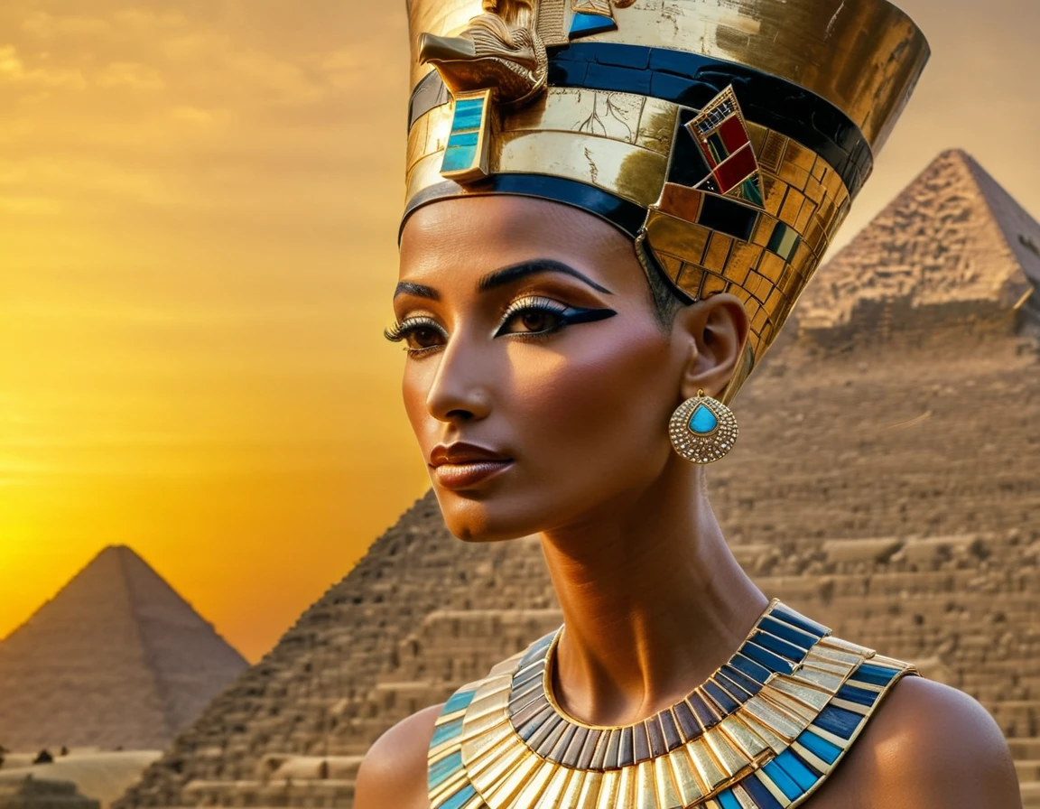 close up on highly detailed nefertiti queen image with sacred jewelry, golden brown sunset over the great pyramid in the background, macro, depth of field, sharp focus, prime lens, studio lighting,