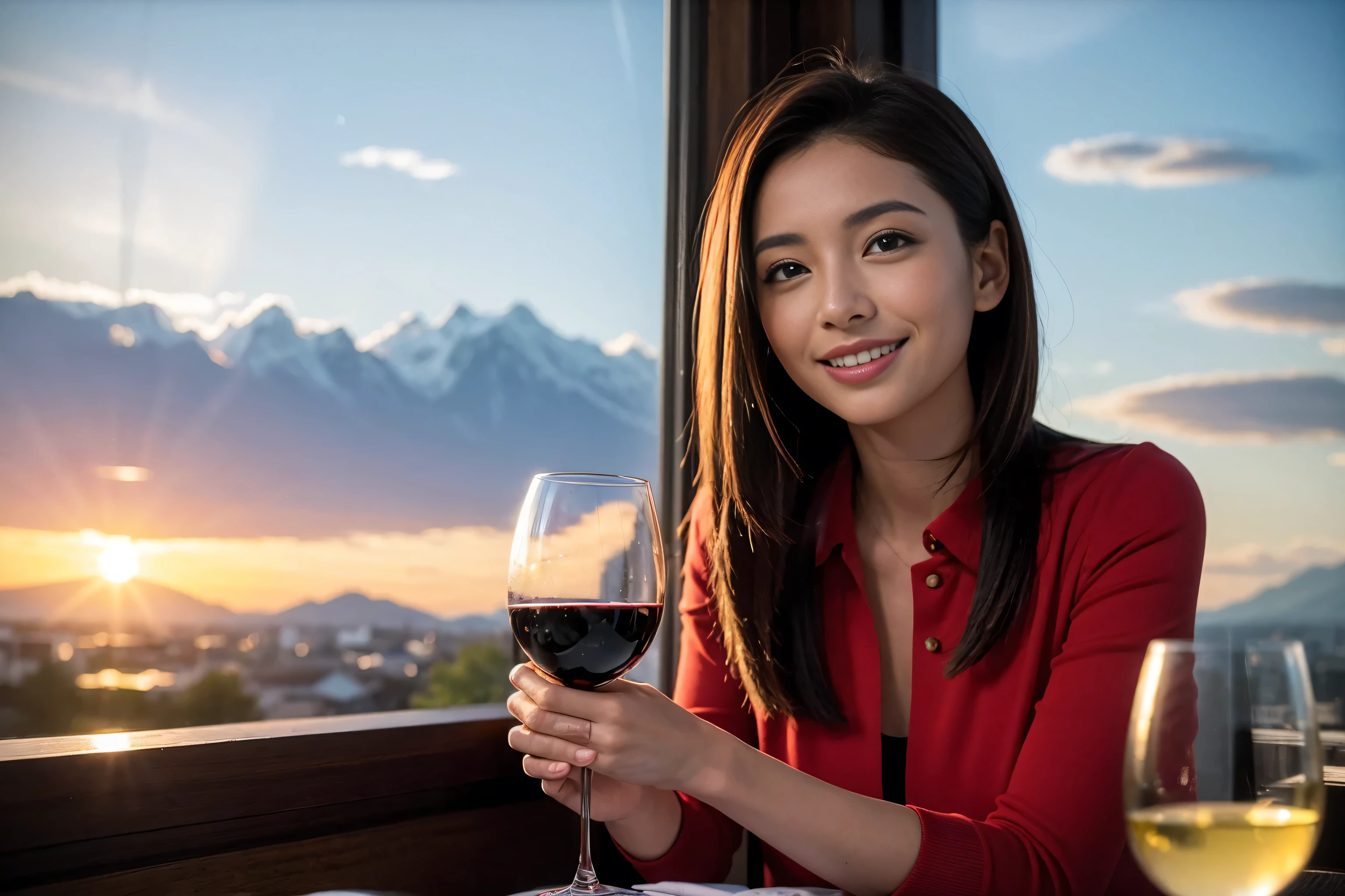 ((highest quality、8k、masterpiece:1.3))、1 male 1 female、lover、Beautiful couple、smile、full-course dinner、 (Slim face), (the body is スリム), (Brown Hair), (Shortcuts), ((Bob Hale、Straight hair:1.2)), Wine glass on the table、Please shine a light on my face、 Amazing view of the sunset sky and clouds、Amazing mountain views、The beauty of a smile、Bright image、Blushing, Shortcuts,Bright Face、 (42 years old), 39 years old, red wine 、Appetizers、Italian food、Wine bottle、Champagne、sparkling wine、Long sleeve shirt、dress、Attractive beauty、restaurant, Nova Frog Style, actress, model, Upper Body, White wine, red wine, wine glass,