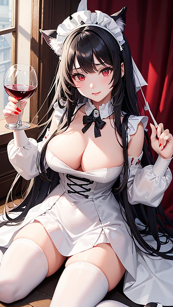 Detailed facial details，1 girl、Cat ear，Black long hair, Wearing a pure white maid outfit，Maid headdress，White over the knee boots，Charming red eyes, Holding a wine glass，Shy expression，lethargy，Large Breasts，Slim，Handcuffs，Collar，Radiant Skin，red lips，Facial details are very detailed, Restaurant