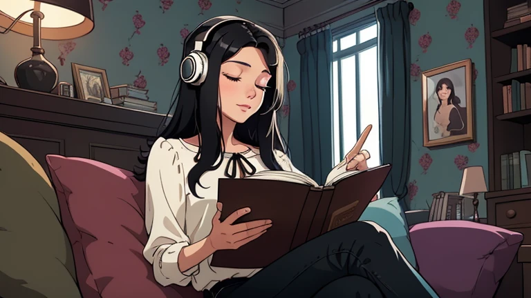 Beautiful woman in her 30s with black hair is sitting with headphones on the sofa. Looking down, eyes closed, LOFI girl, alone in the room, blouse, cozy wallpaper, big cushion, bookshelf, relaxing mood, night core, cozy, wide glass window with skyscrapers, outside view at night, only five fingers, Holding a book in hand,