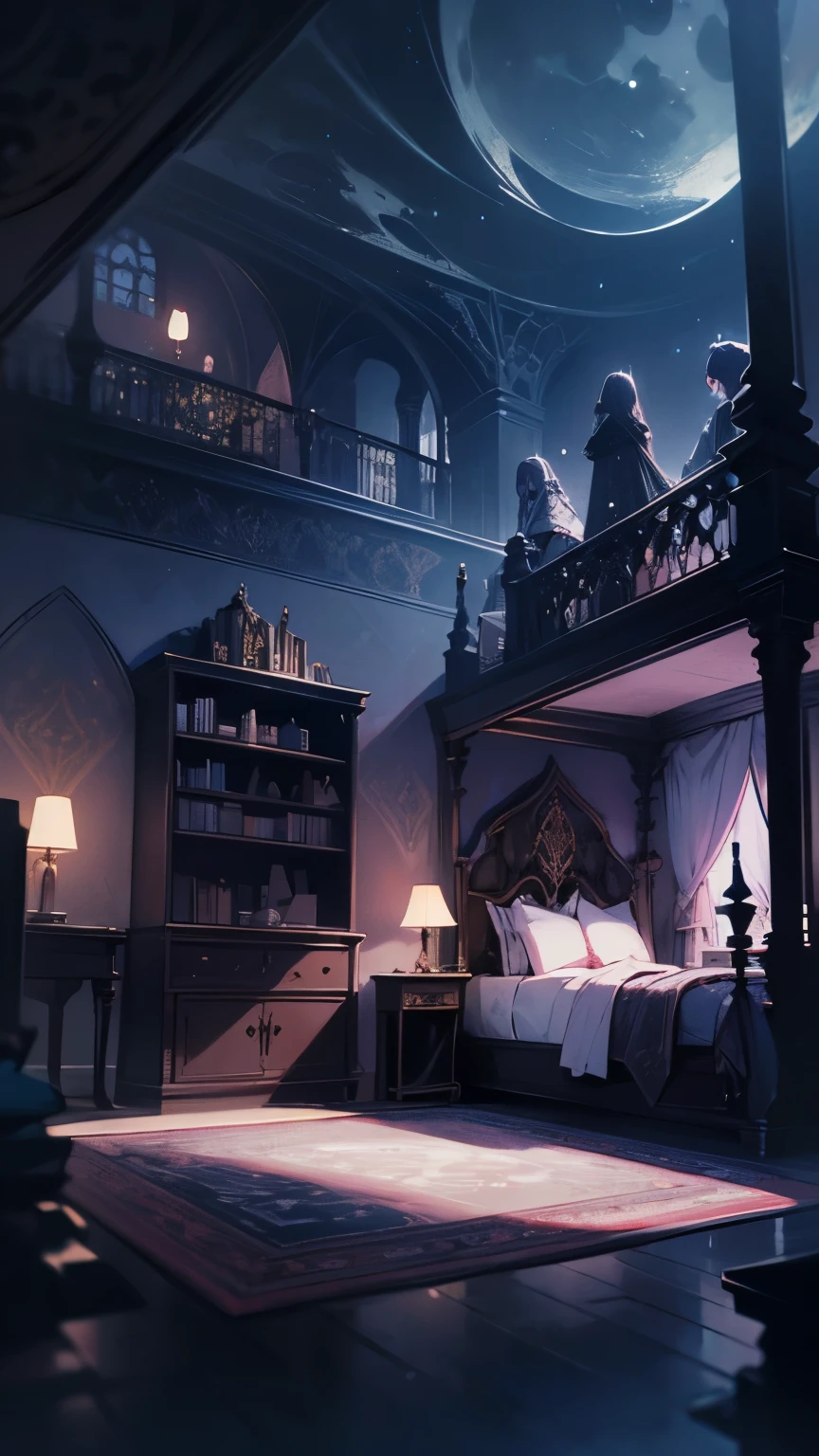 A highly detailed, There is a loft at the back、gothic-style illustration of a spacious indoor room at night, with a wide composition showcasing a gothic-style bed, a chandelier, gothic-style furniture, bookshelves, and a plush rug, all bathed in a moody, dark atmosphere with a beautiful night sky visible through the lace curtains, featuring a crescent moon and twinkling stars, masterpiece, (best quality,8k,ultra-detailed,hyper-realistic,extremely detailed),(intricate,gothic,dark fantasy:1.2),dramatic lighting,moody atmosphere,cinematic,elegant,luxurious interior,minimal human presence,(pink and black color palette:1.1),ethereal,mystical,atmospheric,studio lighting,physically-based rendering、large room、Soft moonlight、(cute room)