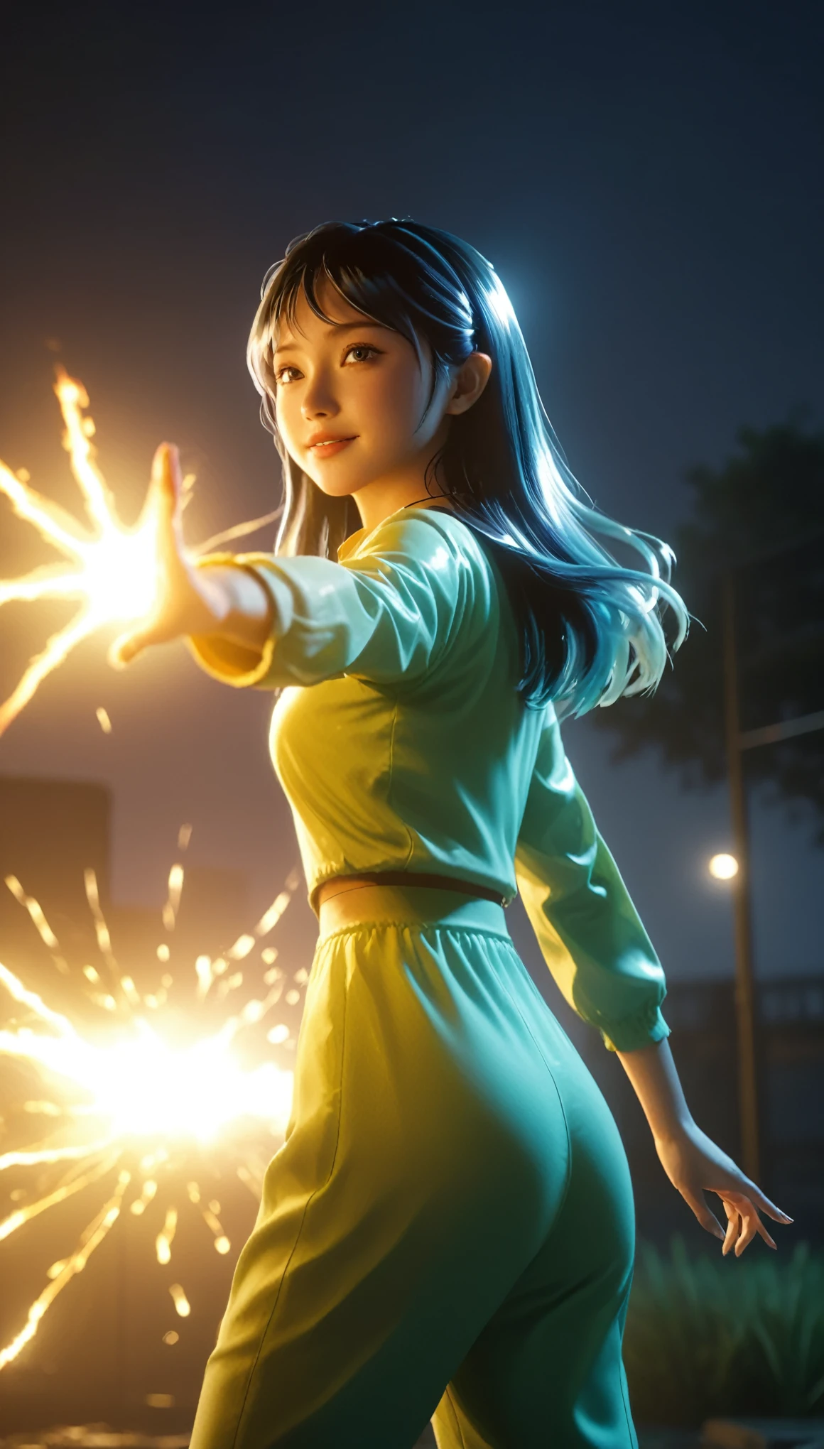 lum,(masterpiece, best quality:1.2), 1girl, night，Turn your back to the moonlight，solo,Movie Shots，Light Effect，Raise a finger，There is an arc flash on the fingertips，,realistic，3d，dynamic pose，Unreal Engine 5，skin texture， anatomical correct：2，fullbody：2，smile