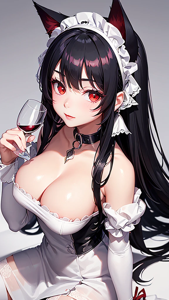 Detailed facial details，1 girl、Cat ear，Black long hair, Wearing a pure white maid outfit，Wear a white mask，Maid headdress，White over the knee boots，Charming red eyes, Holding a wine glass，Shy expression，lethargy，Large Breasts，Slim，Handcuffs，Collar，Radiant Skin，red lips，Facial details are very detailed, Restaurant