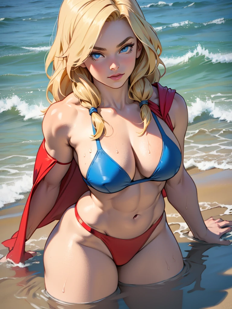 muscular, large breasts, toned body, 1 girl, blonde hair, pale skin, blue eyes, very long hair (in the sea at the beach) looking at viewer close up supergirl bathing suit, pinup poses