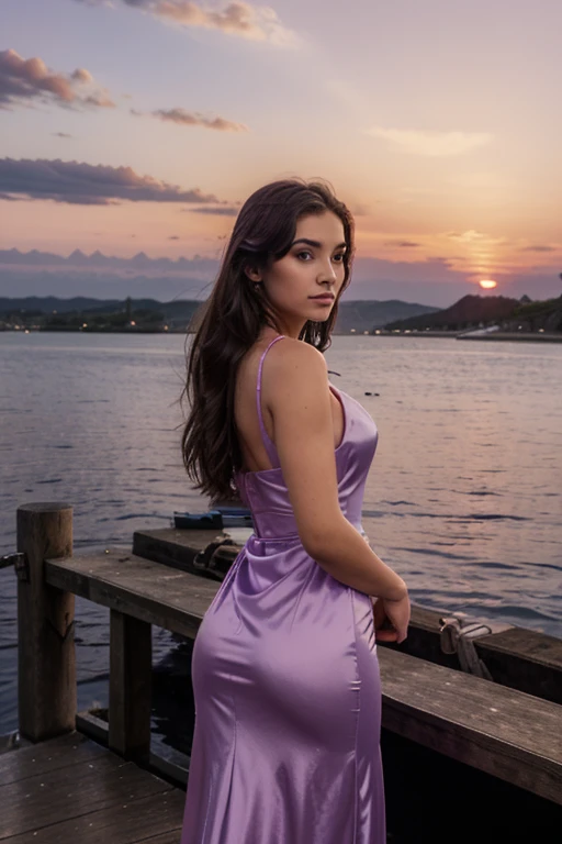 
beautiful girl, Evening Dress, wharf, Big Lake, handsome man, purple pink sunset