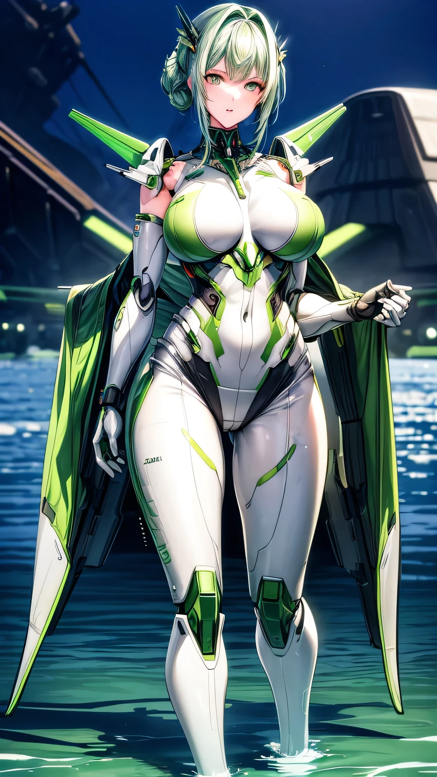 (Complex green-haired woman，Mecha joints and wing radiation, Quiet and dignified, Standing in the water), high resolution, Extremely detailed, Practical, Vibrant colors, Bokeh, Studio Lighting.