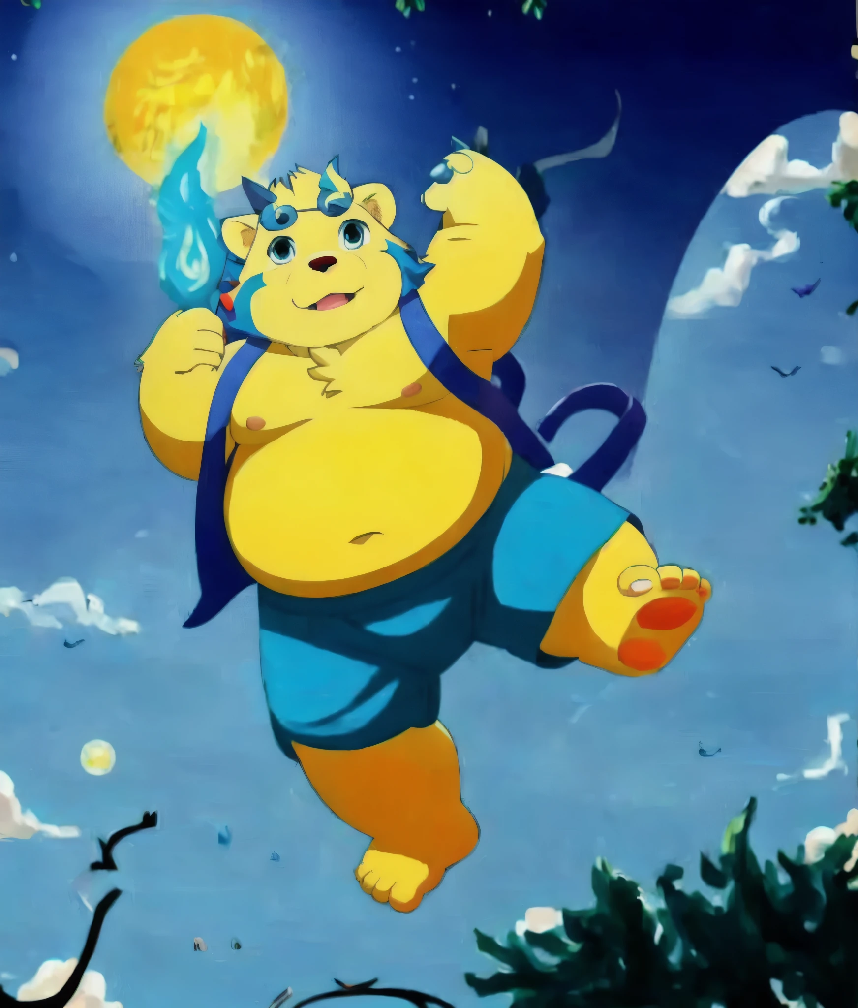 (masterpiece, best quality:1.2),, xiaobo，furry，overweight，foot，sky，shorts，bare，naked，jump，
