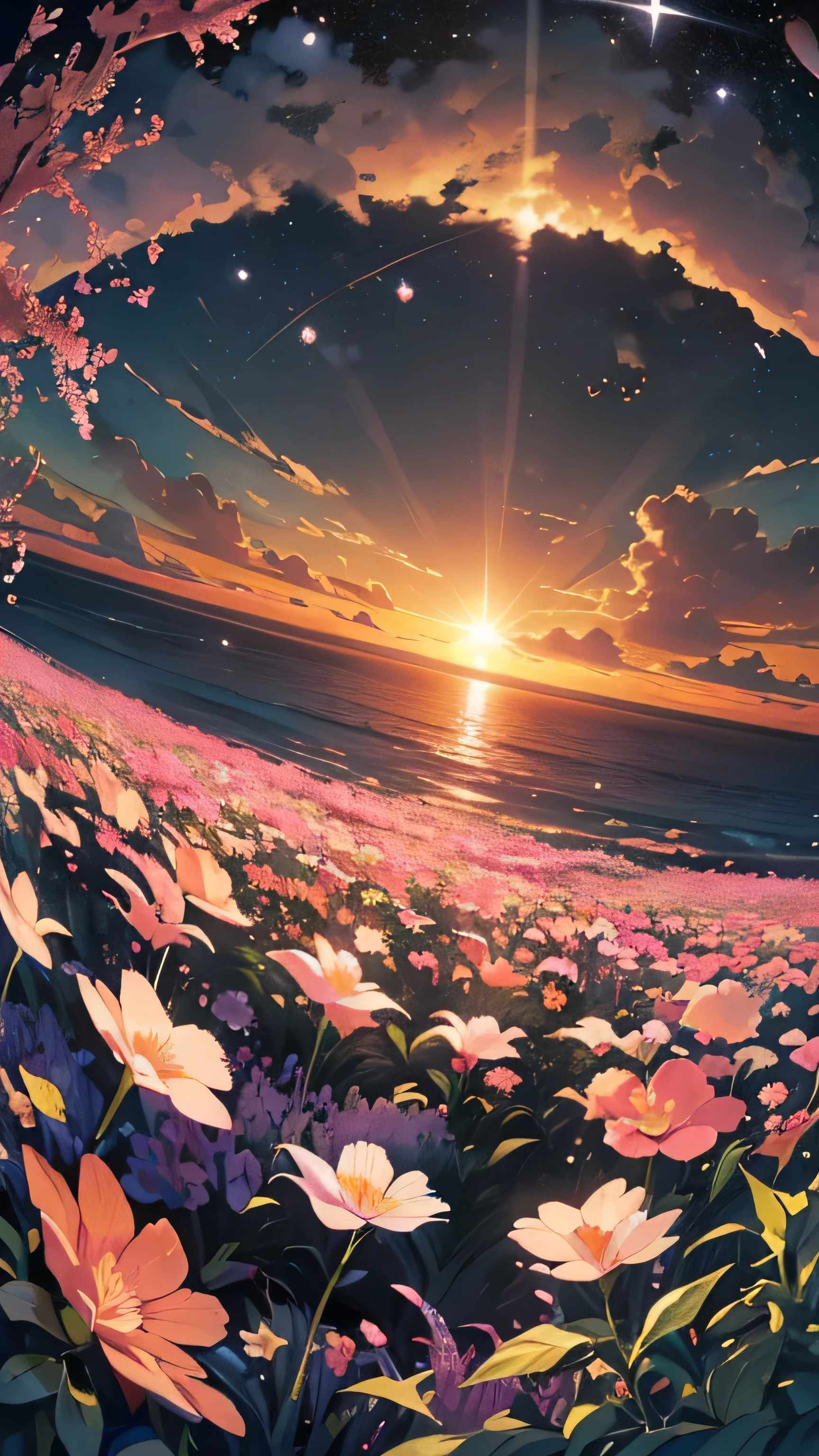 (((Fisheye))), very wide white background, extreme quality, masterpiece, 8k, depth of field, intricate details, (((unattended))), very large margins, lots of text, corporate logo, space, movie poster, (((Outer space))), ((flower garden with sea view)))), nostalgia, (((sunset))), panorama, long shot, backlight, (((dull color))), (((black color))),broken door, (((Night))), (((Various angles))),Detailed detail flowers,(((Petals fluttering in the air))), ,heaven, top quality, 8K, wind blowinglight lighting, backlight,(((no people)))