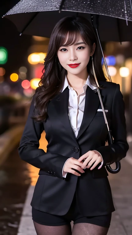 (8k、RAW Photos、highest quality、masterpiece:1.2)、(Realistic、Realistic)、detailed、Japanese、Attractive beauty、Attractive adult woman、Beautiful woman、Sharp Eye、Cool girl、Wavy Hair、Swept-apart bangs、Black business suit、pantyhose、Shining beautiful legs、lipstick、Lip gloss、Heavy makeup、Grin、evilな表情、evil、Hollow Eyes,Half-closed eyes、Hollow Eyes、evil、Downtown at night、vampire、Succubus、vampire、Swear allegiance、Wet day、Stand with an umbrella