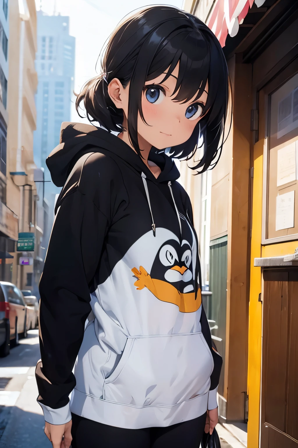 Penguin wearing a hoodie, masterpiece, best quality, super detail