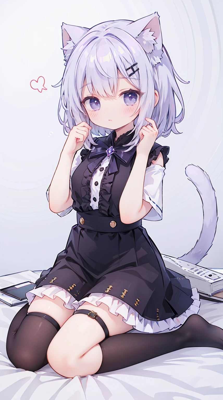 a girl，Purple Eyes，white hair，sitting，wariza，thigh，Black dress，Short sleeve，Has cat ears