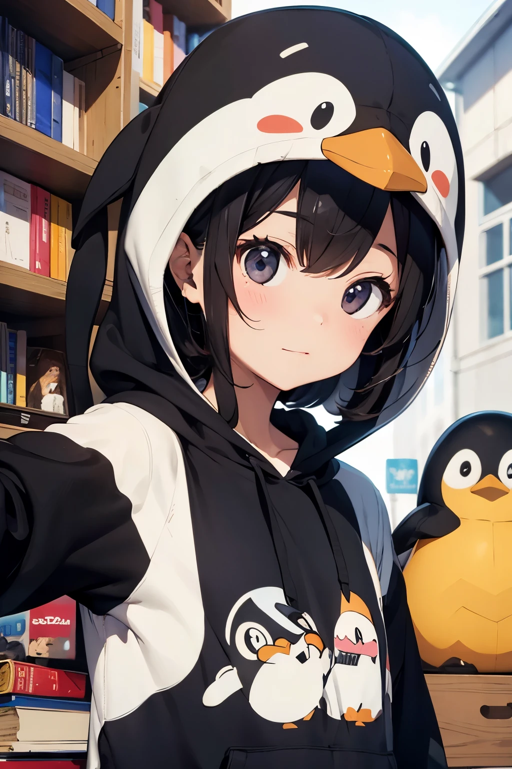 Penguin wearing a hoodie, masterpiece, best quality, super detail