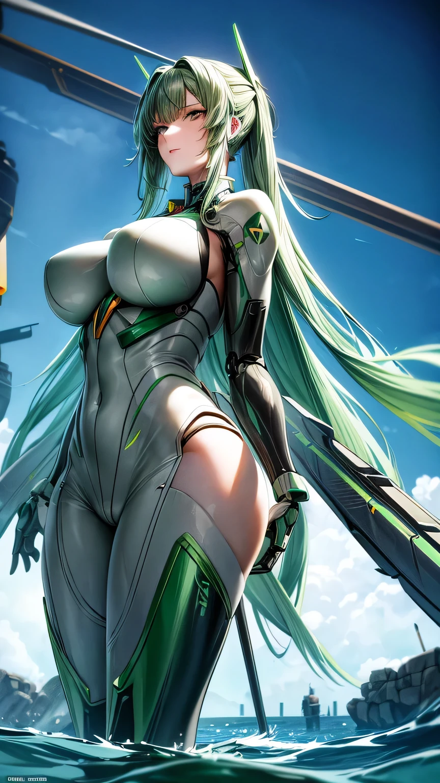 (Complex green-haired woman,Mecha joints and wing radiation, Quiet and dignified, Standing in the water), high resolution, Extremely detailed, Practical, Vibrant colors, Bokeh, Studio Lighting.