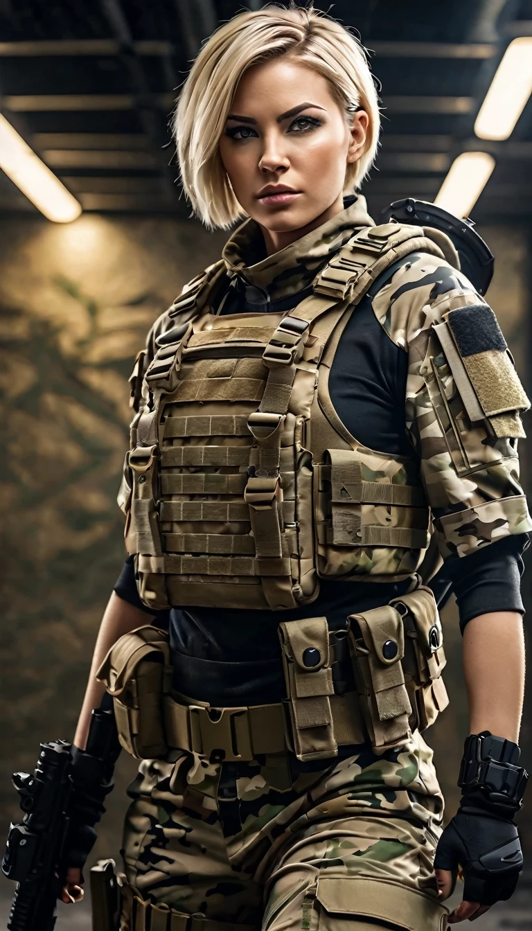 (full body shot:1.4), female warrior, modern soldier, tactical gear, very short blond hair, camouflage makeup, hyper-realistic, cinematic lighting, dynamic pose, intense expression, highly detailed, 8K, photorealistic, dramatic color palette, military atmosphere