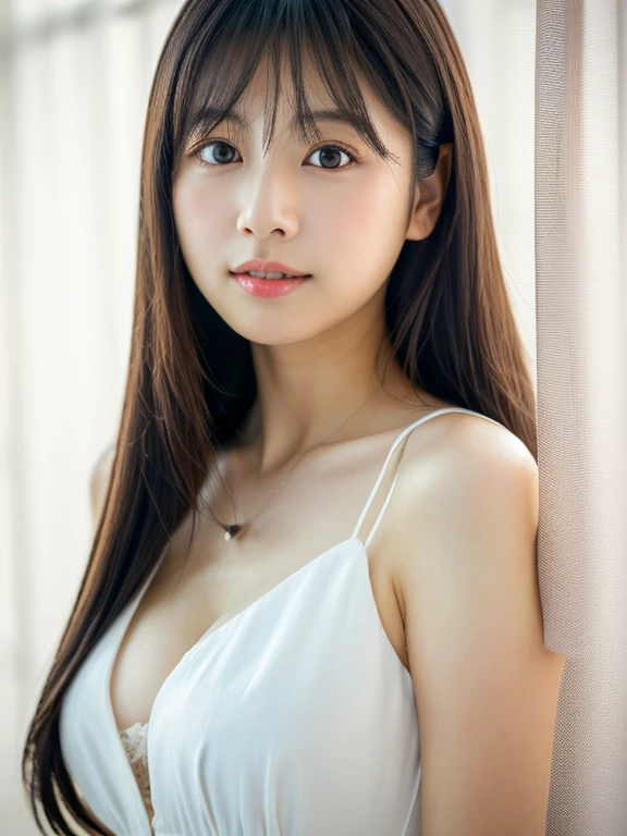 ((cute日本の女の子、Cleavage、Beautiful Japanese Girl、One Girl、Not clear、19 years old、ponytail、Highly detailed face and skin texture、Sophistication、Ultra detailed face、Ultra-detailed eyes、blusher、blush、cheek、ピンクのcheekを塗った頬、frontageを向いている顔、frontageを向いている体、Looking into the camera、frontage、cute、Smooth white skin、Transparent to the touch、))、(Dark brown hair、Bans)、Beautiful woman with perfect style:1.4、Japanese Model、Young Gravure Idol、若いcuteグラビアアイドル、リアルなYoung Gravure Idol、Cleavage、Sophisticationされたグラビアアイドル、((highest quality、In 8K、masterpiece:1.3、1photograph))、(4K、RAW photographgraphy、highest quality)、(Realistic、フォトRealistic:1.37)、Putting people behind the screen、Natural soft light、