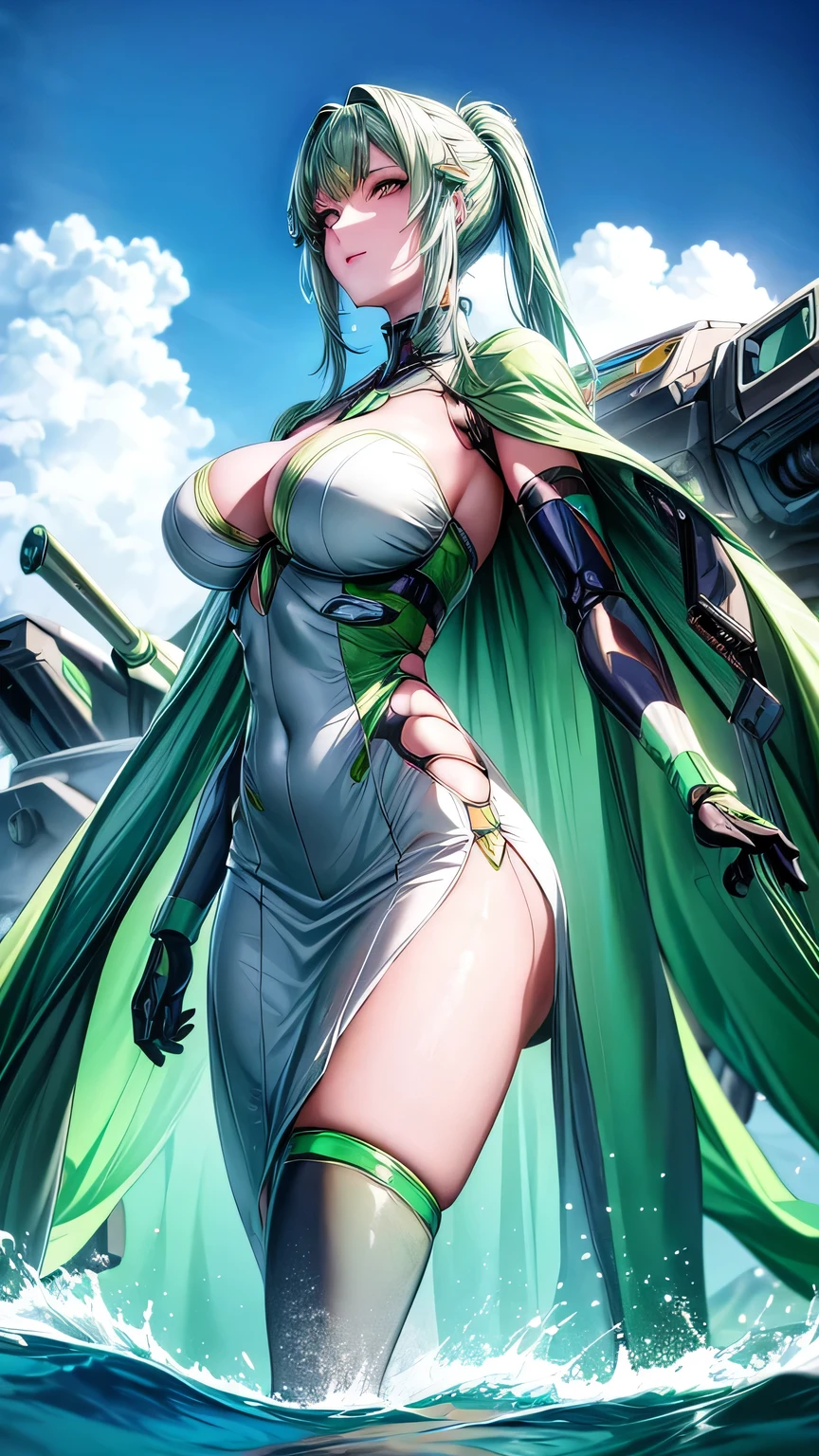 (Complex green-haired woman,Mecha joints and wing radiation, Quiet and dignified, Standing in the water), high resolution, Extremely detailed, Practical, Vibrant colors, Bokeh, Studio Lighting.