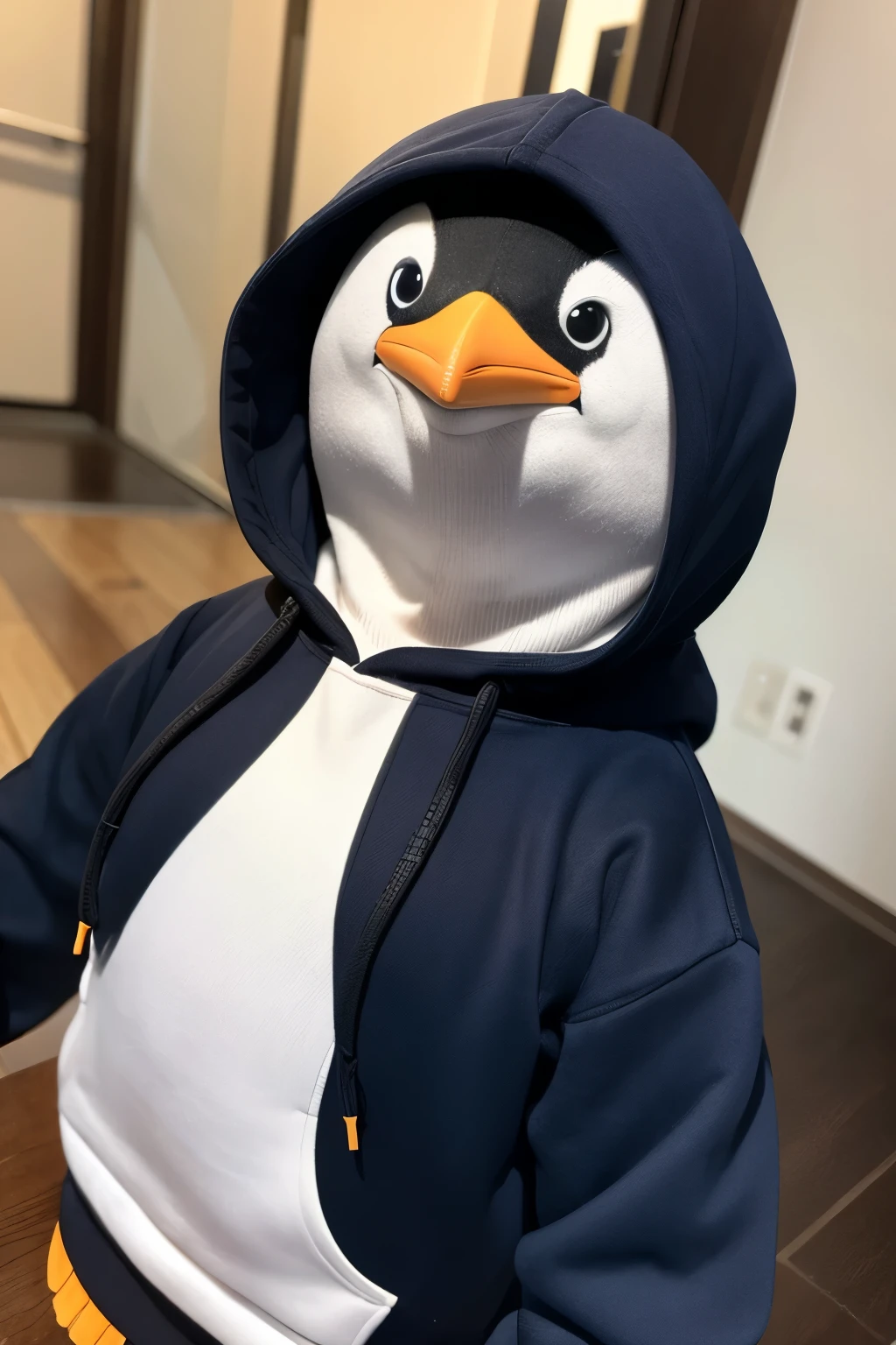 Penguin wearing a hoodie, masterpiece, best quality, super detail