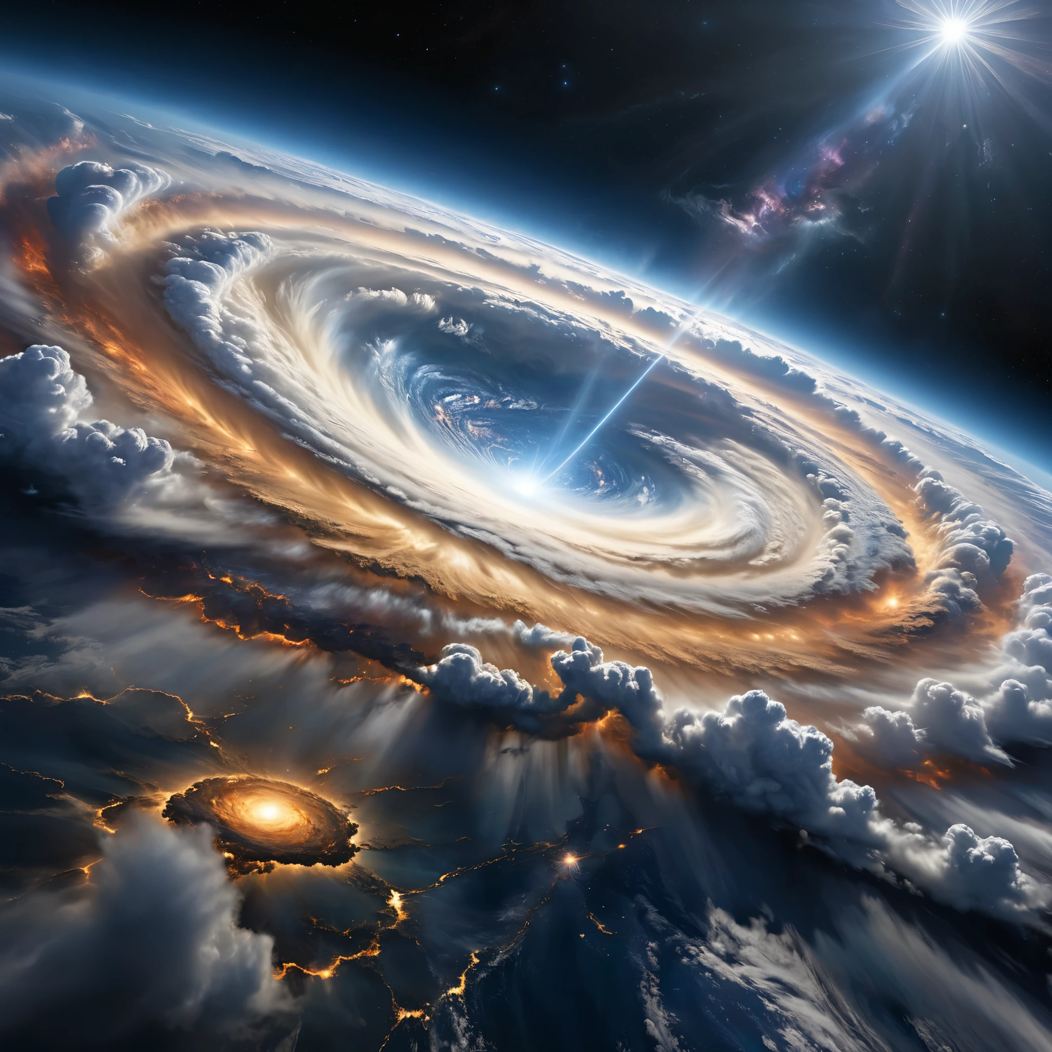 God, the omnipotent creator of the entire universe, greater than all galaxies, represented by the figure of a hyper hyper mega gigantic cloud of energy in the middle of the hyper detailed universe, hyper sharp, hyper realistic, intricate, 32k, photorealism style