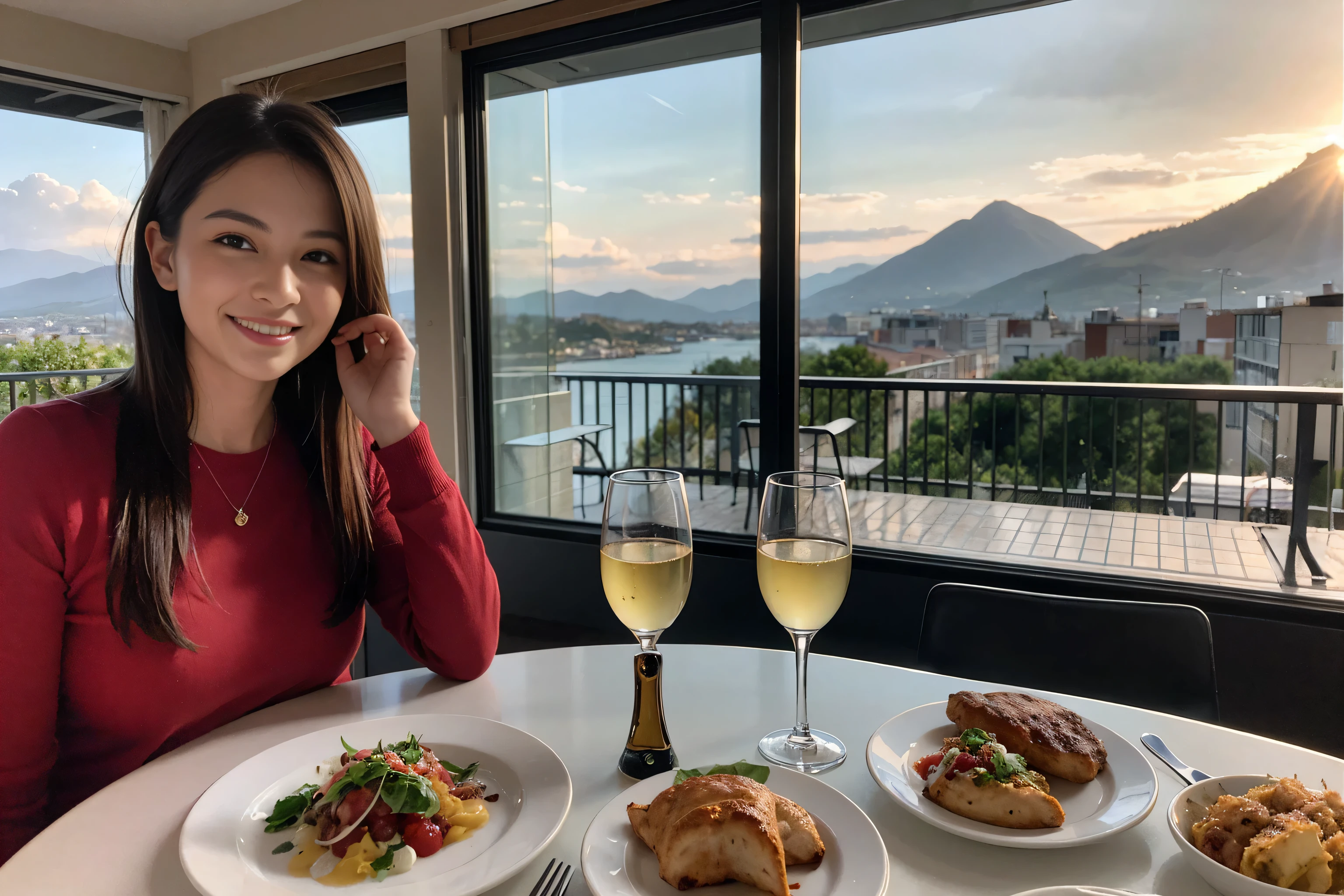 ((highest quality、8k、masterpiece:1.3))、1 male 1 female、lover、Beautiful couple、smile、full-course dinner、 (Slim face), (the body is スリム), (Brown Hair), (Shortcuts), ((Bob Hale、Straight hair:1.2)), Wine glass on the table、Please shine a light on my face、 Amazing view of the sunset sky and clouds、Amazing mountain views、The beauty of a smile、Bright image、Blushing, Shortcuts,Bright Face、 (42 years old), 39 years old, red wine 、Appetizers、Italian food、Wine bottle、Champagne、sparkling wine、Long sleeve shirt、dress、Attractive beauty、restaurant, Nova Frog Style, actress, model, Upper Body, White wine, red wine, wine glass,