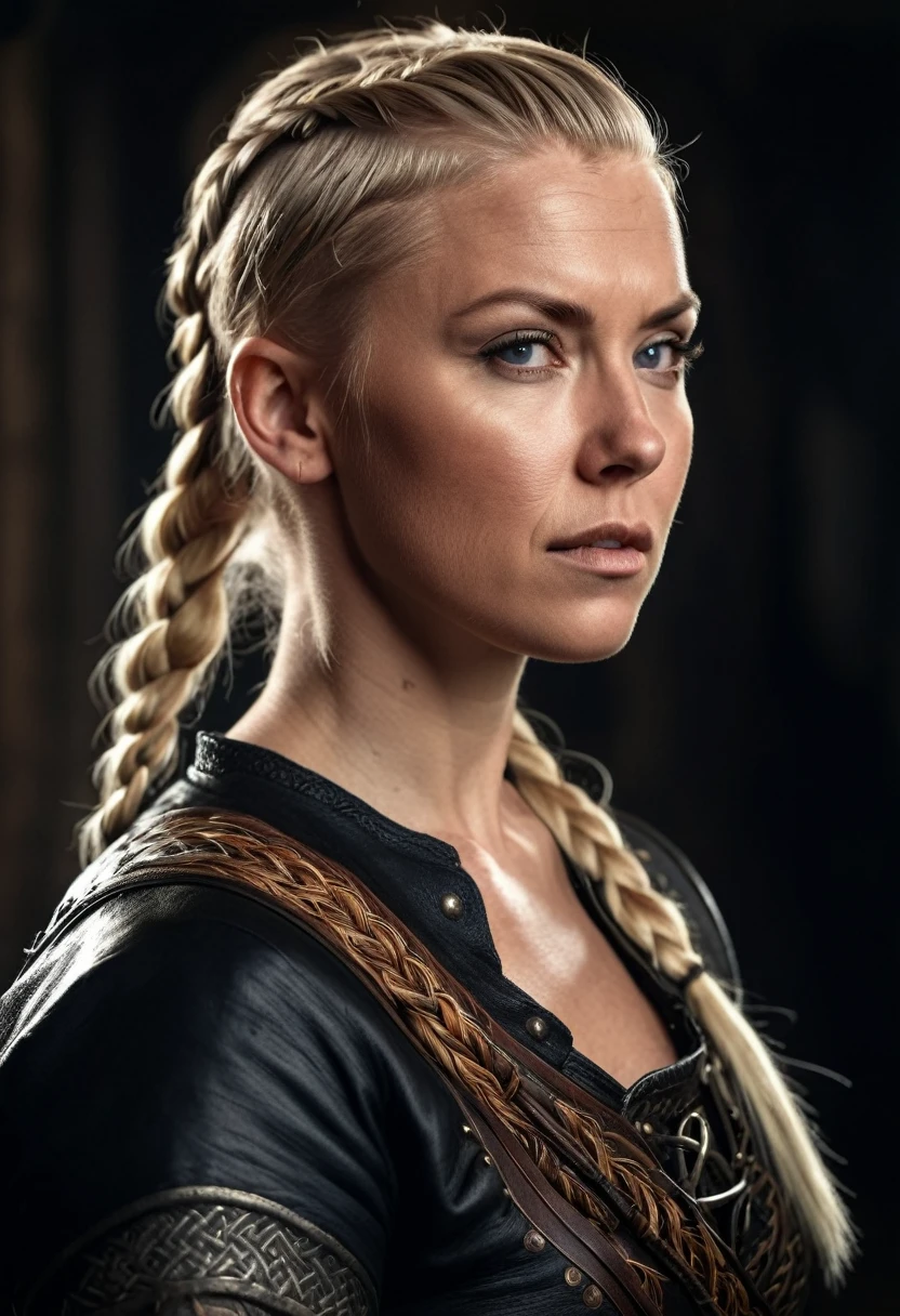 a muscular scandinavian woman, 35 years old, blonde hair,sidecut and braided hairstyle, nordic tattoos,medieval clothing,detailed face,intense expression,dramatic lighting,8k,high quality,photorealistic,digital art