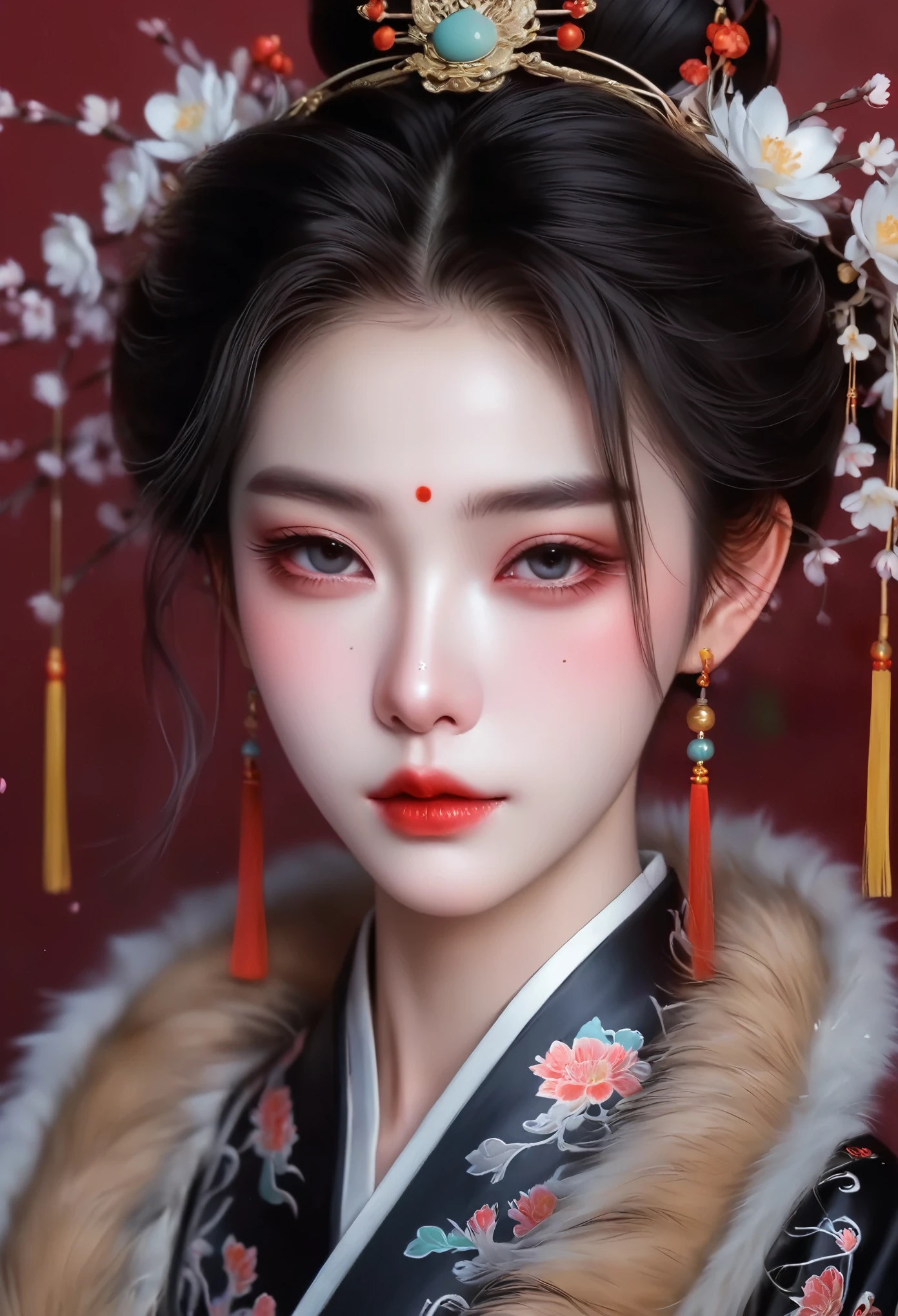 1 Girl，Solitary，Exquisite facial features，Dark eyeshadow，small freckles，Back lip，Slender neck，palace，Chinese Princess，Flower headdress，Glowing skin，Hanfu，Fur collar