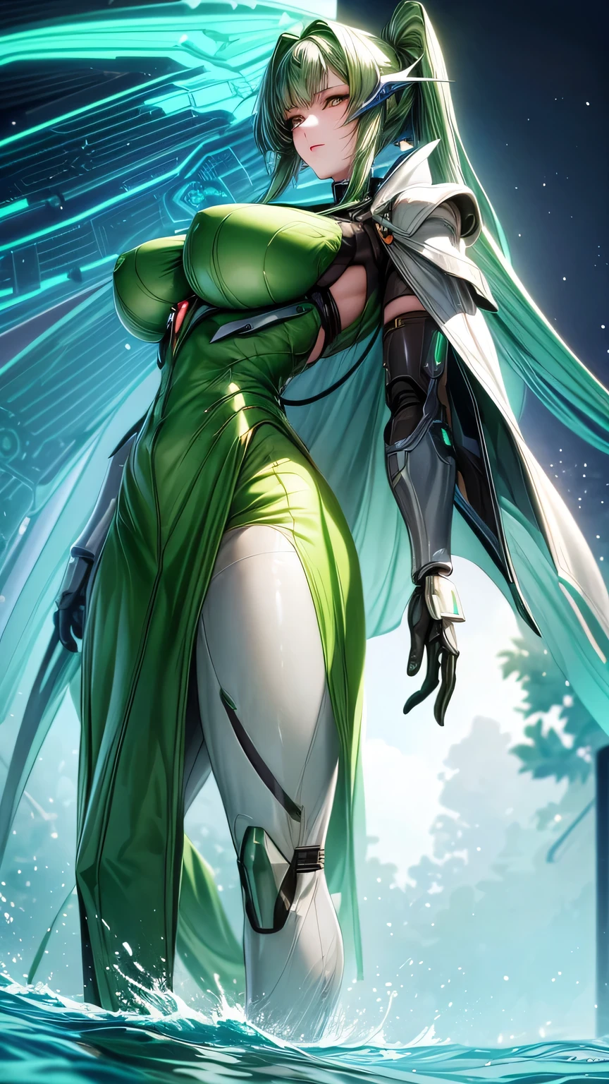 (Complex green-haired woman，Mecha joints and wing radiation, Quiet and dignified, Standing in the water), high resolution, Extremely detailed, Practical, Vibrant colors, Bokeh, Studio Lighting.