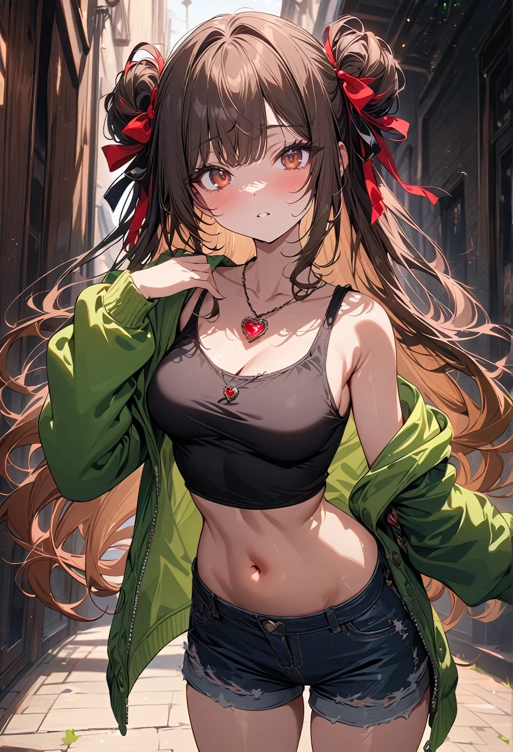 (best quality, top details, high quality, detailed, highest quality, newest, highres, ultra fine painting, masterpiece:1.2), digital art, 4k, 8k resolution, 8K CG wallpaper, CG, detailed background, high resolution, epic lighting, RAW photo, POV, sharp focus, professional photography, good lighting, soft light, soft colors, looking at viewer, detailed lights and shadows, stylish, ultra, ultra-detailed, trending art, niji style, modern-days, master crafted, pose, (top quality, details:1.37), solo, 1girl, a nervous girl, (medium breasts:1.2), tight bust, big thighs, flushtered, casual, innocent face, nervous face, (cute, slim, nice hips, nice body), brown hair, long flowing hair, twin buns hairstyle, hair ribbons, long bangs, long hair, middle hair bangs, brown eyes, ((tight black string tanktop:1.2), tummy skin, off shoulder open green hoodie, shorts, one big red gem heart necklace)
