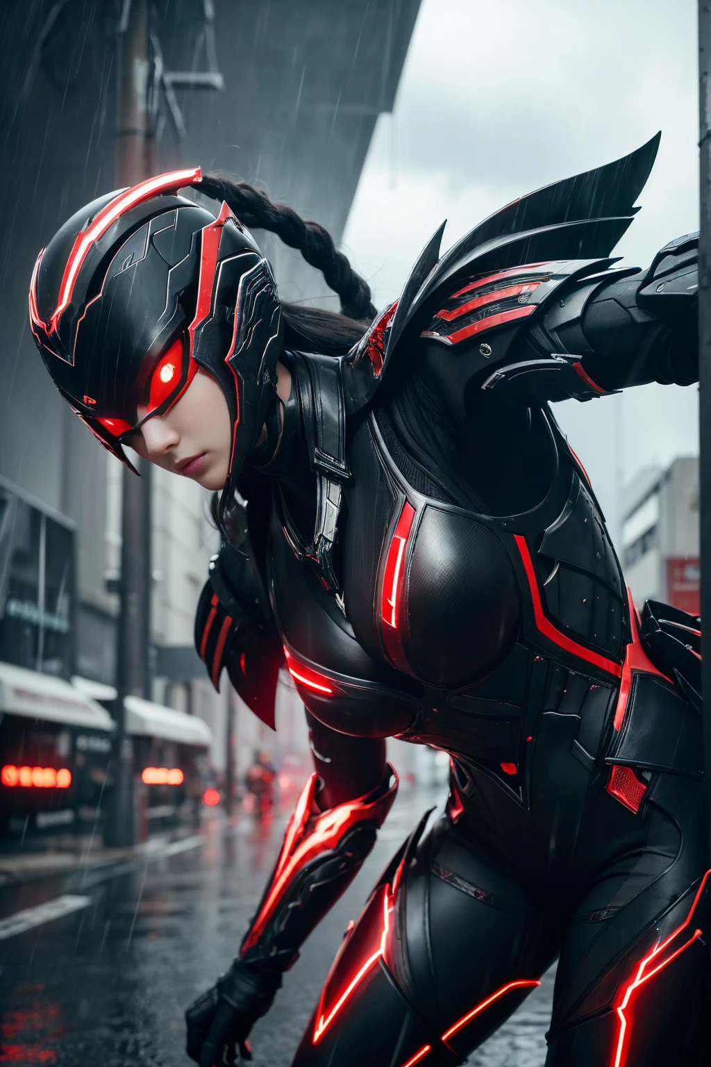 Woman warrior,1 Japanese girl, Warframe, Complex Pattern, Heavy Metal, Energy Line, Faceless, Glowing Eyes, elegant, intense, Blood red and black uniform, alone, Modern, city, street, Dark Clouds, thunderstorm, heavy rain,, Dramatic lighting,, (masterpiece:1.2), highest quality, High resolution, Beautiful details, Very detailed, Perfect lighting,