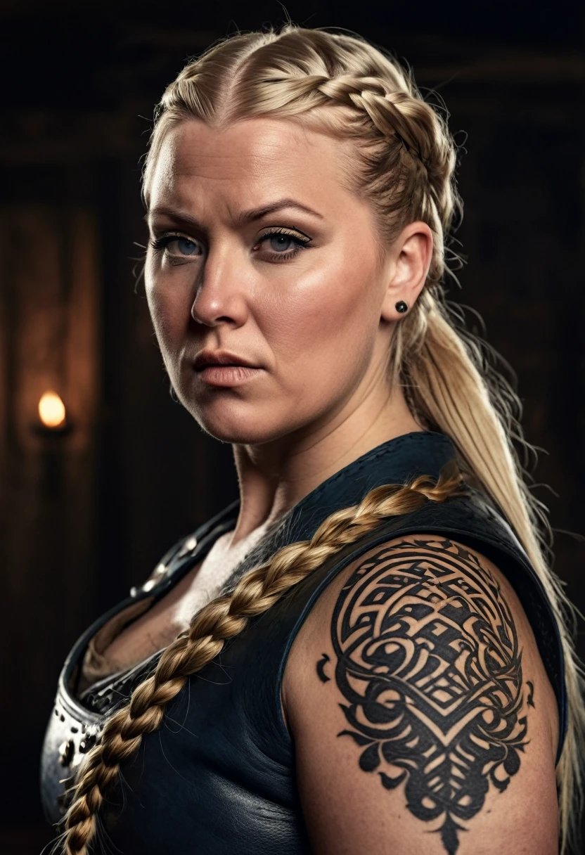 a chubby but muscular scandinavian woman, 35 years old, blonde hair,sidecut and braided hairstyle, nordic tattoos,medieval clothing,detailed face,intense expression,dramatic lighting,8k,high quality,photorealistic,digital art