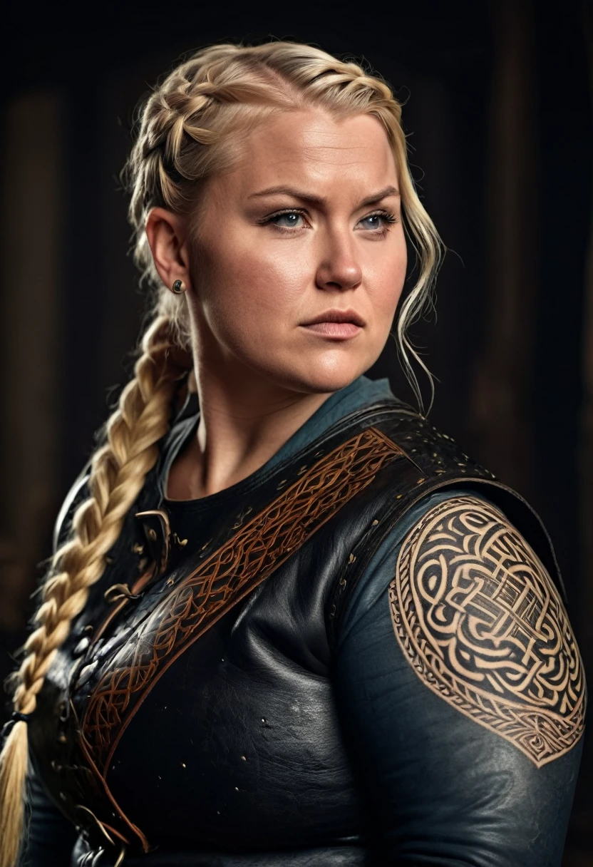 a chubby but muscular scandinavian woman, 35 years old, blonde hair,sidecut and braided hairstyle, nordic tattoos,medieval clothing,detailed face,intense expression,dramatic lighting,8k,high quality,photorealistic,digital art