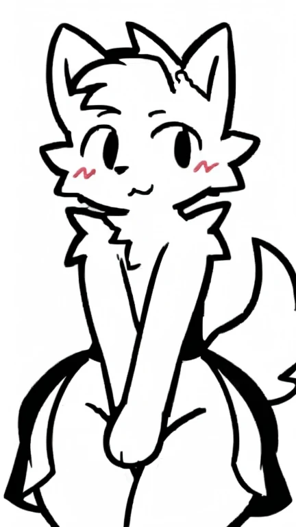 White fur, wolf, anthro, furry, solo, simple art ,male chest,thin, hands behind on chest, maid outfit, cute,( wide hips:1.2) , maid dress 