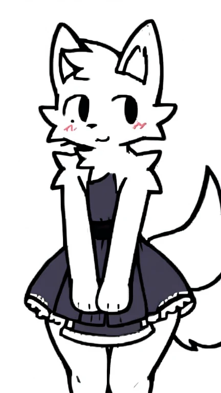 White fur, wolf, anthro, furry, solo, simple art ,male chest,thin, hands behind on chest, maid outfit, cute,( wide hips:1.2) , maid dress 