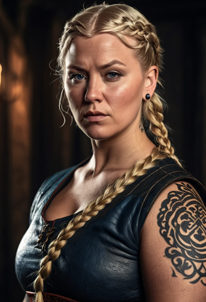 a chubby but muscular scandinavian woman, 35 years old, blonde hair,sidecut and braided hairstyle, nordic tattoos,medieval clothing,detailed face,intense expression,dramatic lighting,8k,high quality,photorealistic,digital art