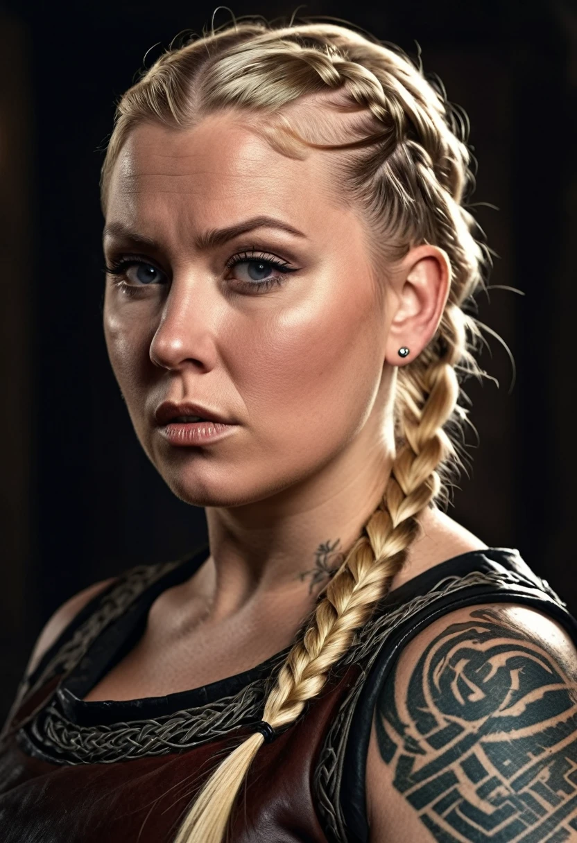 a chubby but muscular scandinavian woman, 35 years old, blonde hair,sidecut and braided hairstyle, nordic tattoos,medieval clothing,detailed face,intense expression,dramatic lighting,8k,high quality,photorealistic,digital art