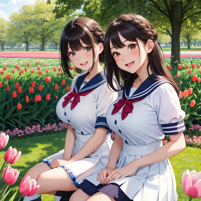 (highest quality:1.5)、Ultra-high resolution、Detailed Background、masterpiece、Anatomically correct、(Beautiful face in every detail:1.4)、cute20代の美女、Brown Hair、Braided Bob、(Huge breasts:1.3)、Realistic、Perfect body line、Attractive woman、
(Two women having fun and looking happy:1.5)、Cowboy Shot、
He looked at me with a happy expression.、smile、A big smile、cute、The gesture of fixing hair messed up by the wind、cute仕草、
Cute colored sailor uniform、White sailor collar、Checked Pleated Short Sleeve、Cute color school cardigan、petticoat、White knee-high socks、Chiffon and chic color ribbon barrette、 The Tulip Festival takes place in April at Keukenhof Gardens in the Netherlands。.、Enjoy the beautiful sight of millions of tulips in full bloom、cute
