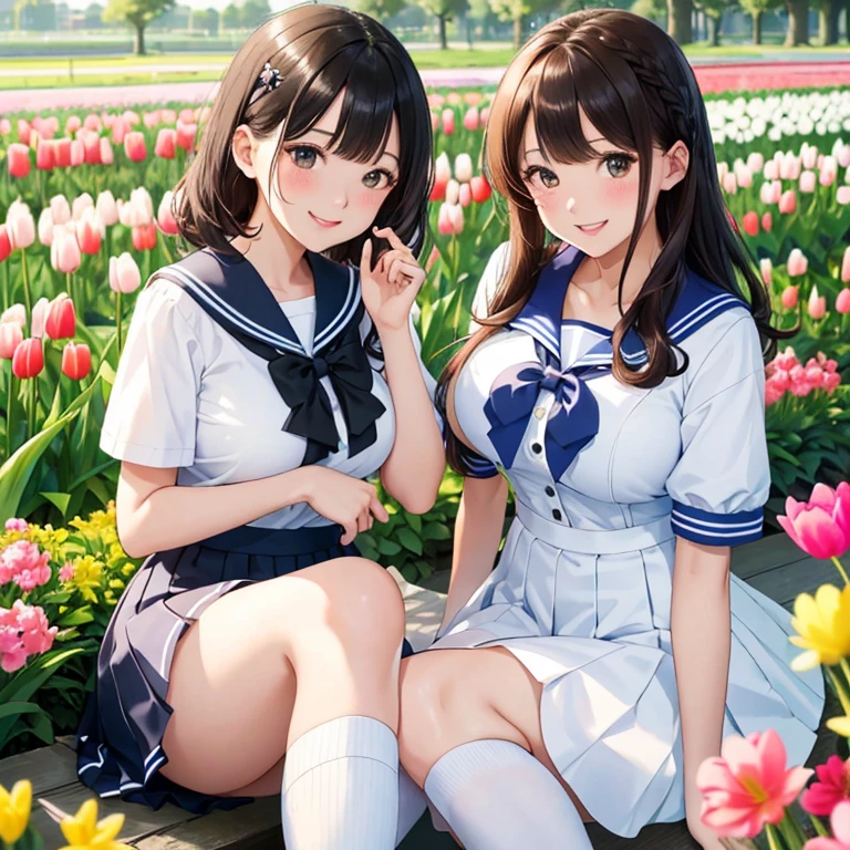 (highest quality:1.5)、Ultra-high resolution、Detailed Background、masterpiece、Anatomically correct、(Beautiful face in every detail:1.4)、cute20代の美女、Brown Hair、Braided Bob、(Huge breasts:1.3)、Realistic、Perfect body line、Attractive woman、
(Two women having fun and looking happy:1.5)、Cowboy Shot、
He looked at me with a happy expression.、smile、A big smile、cute、The gesture of fixing hair messed up by the wind、cute仕草、
Cute colored sailor uniform、White sailor collar、Checked Pleated Short Sleeve、Cute color school cardigan、petticoat、White knee-high socks、Chiffon and chic color ribbon barrette、 The Tulip Festival takes place in April at Keukenhof Gardens in the Netherlands。.、Enjoy the beautiful sight of millions of tulips in full bloom、cute