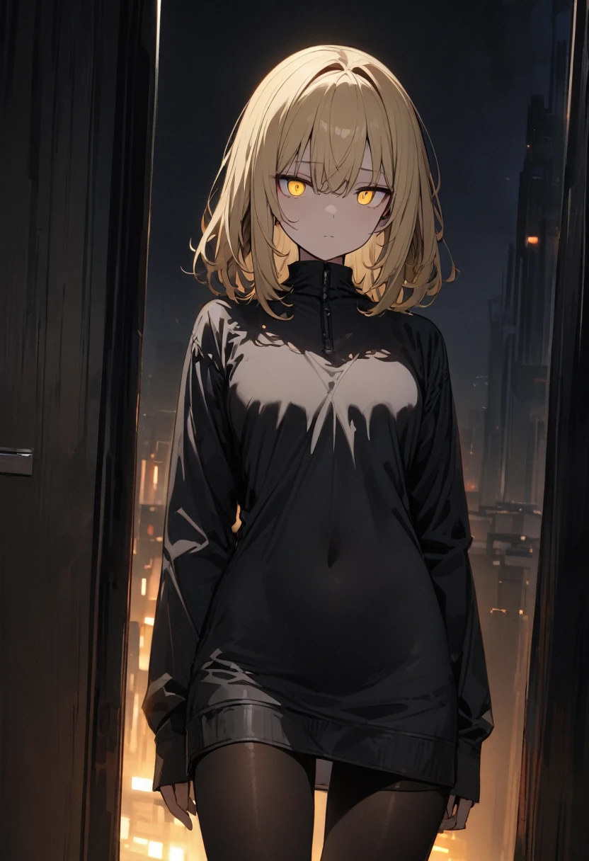 masterpiece, best quality, ultra detailed, detailed eyes, a handsome girl, solo,
medium length hair, blond hair,
yellow eyes, jitome, standing, emotionless,
short dress, tights,
night view